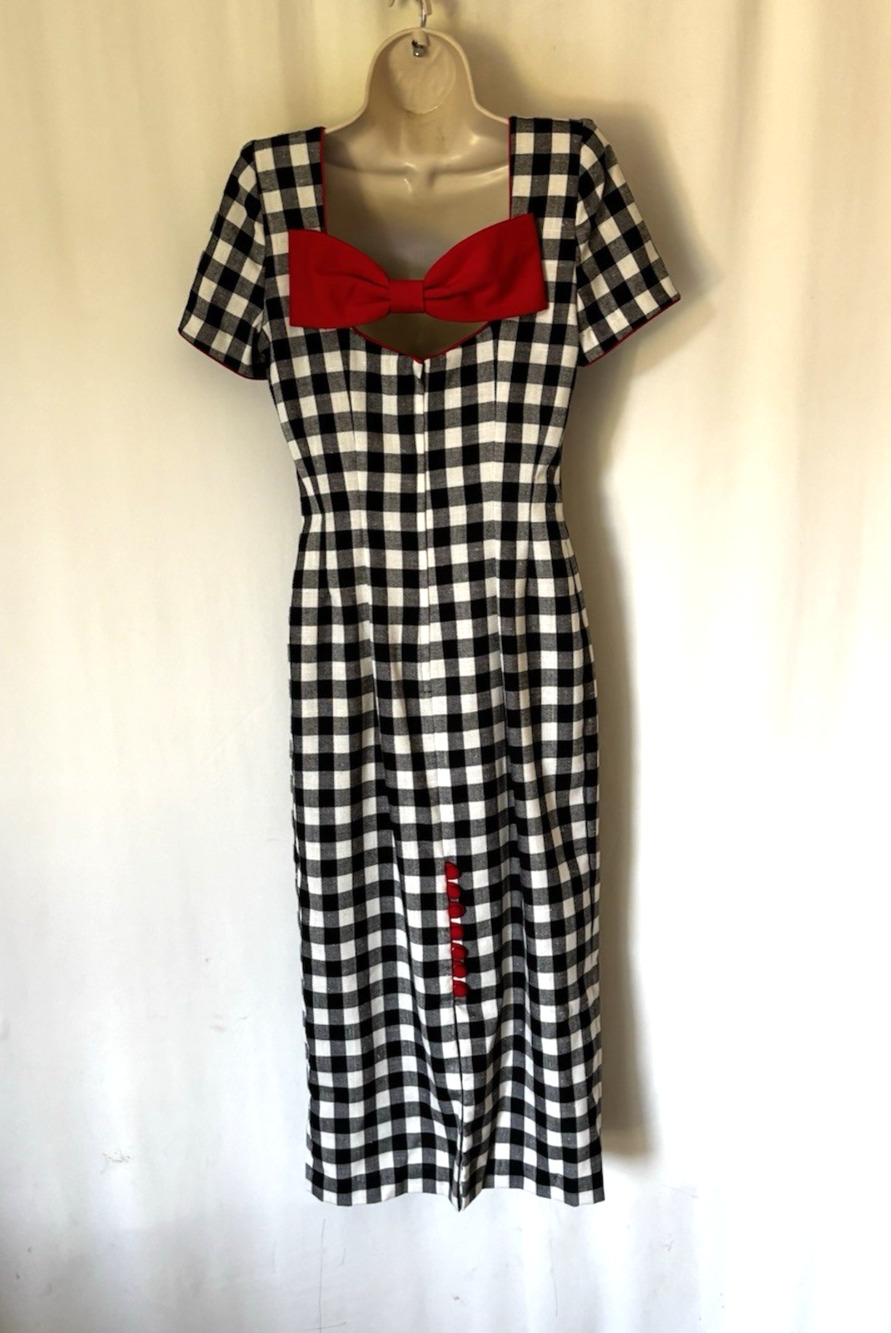 Vintage Leslie Lucks Dress 6 Plaid Check Black White Midi Bodycon Red Bow 80s